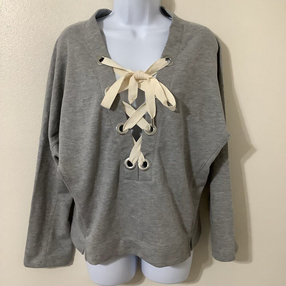 Active USA Grey Minimalist Clean Girl Influencer Lace Up Oversized Sweater Small